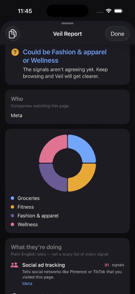 Veil Report showing companies and tracker roles