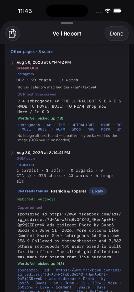 Veil Report screen OCR and DOM scan details