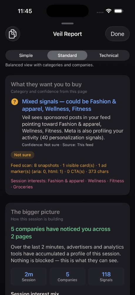 Veil Report showing purchase intent and session companies